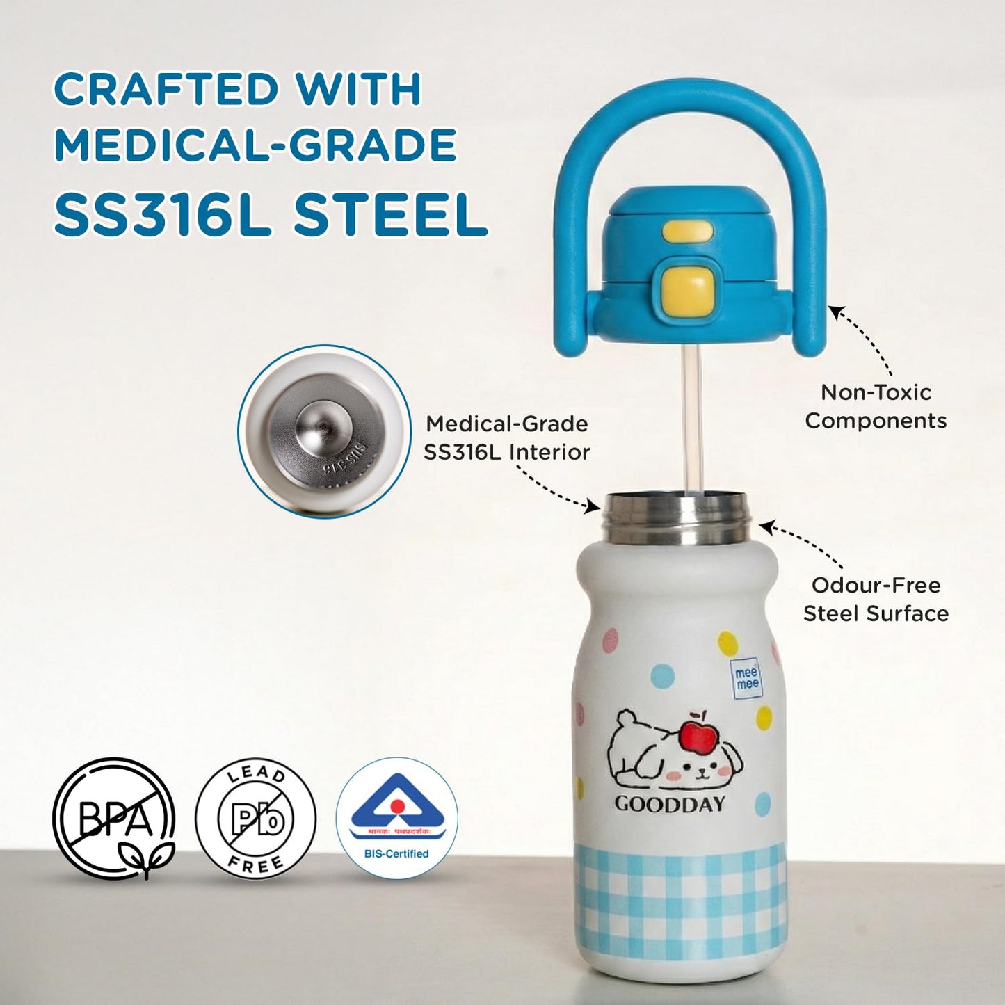 Mee Mee Hydro Flow bottle crafted with medical-grade SS316L steel