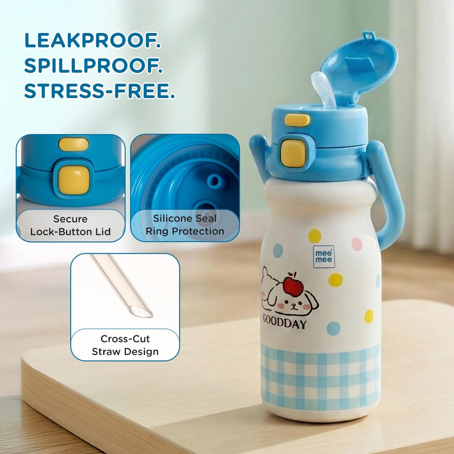 Mee Mee Hydro Flow bottle is leakproof and spillproof for stress-free carrying