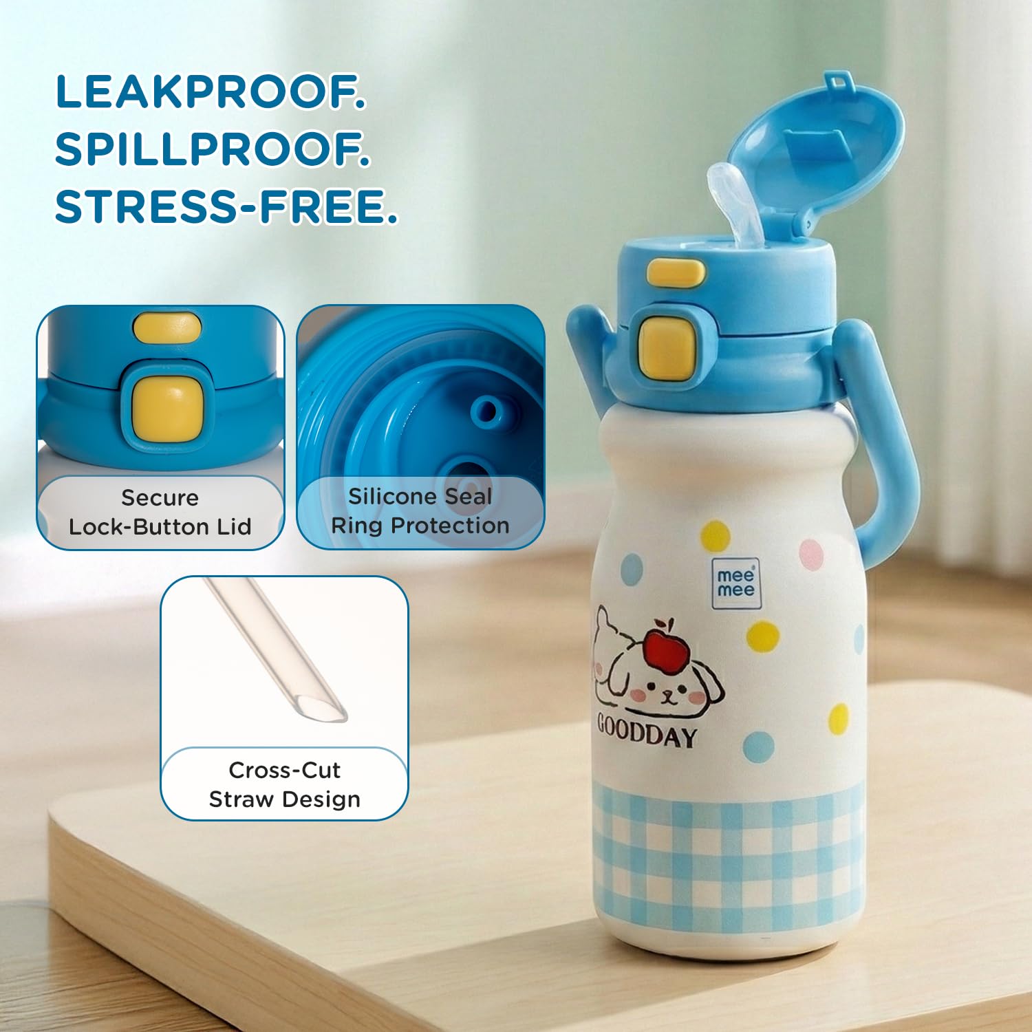 Mee Mee Hydro Flow bottle is leakproof and spillproof for stress-free carrying