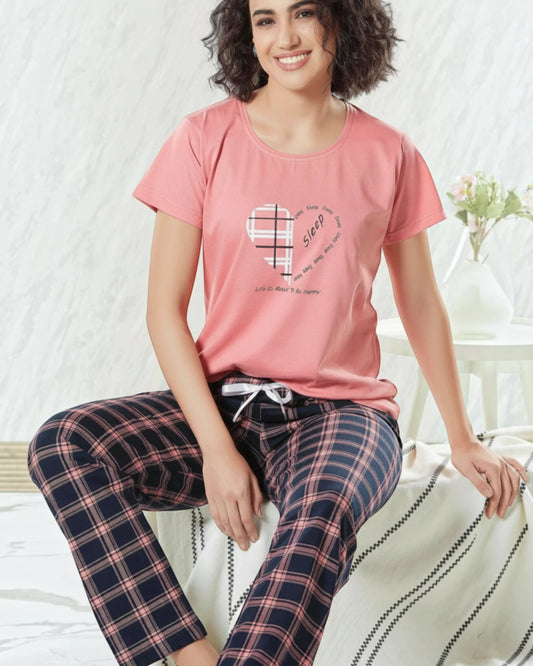 Woman in a pink printed tee and maroon checked pyjama, In Touche cotton night suit