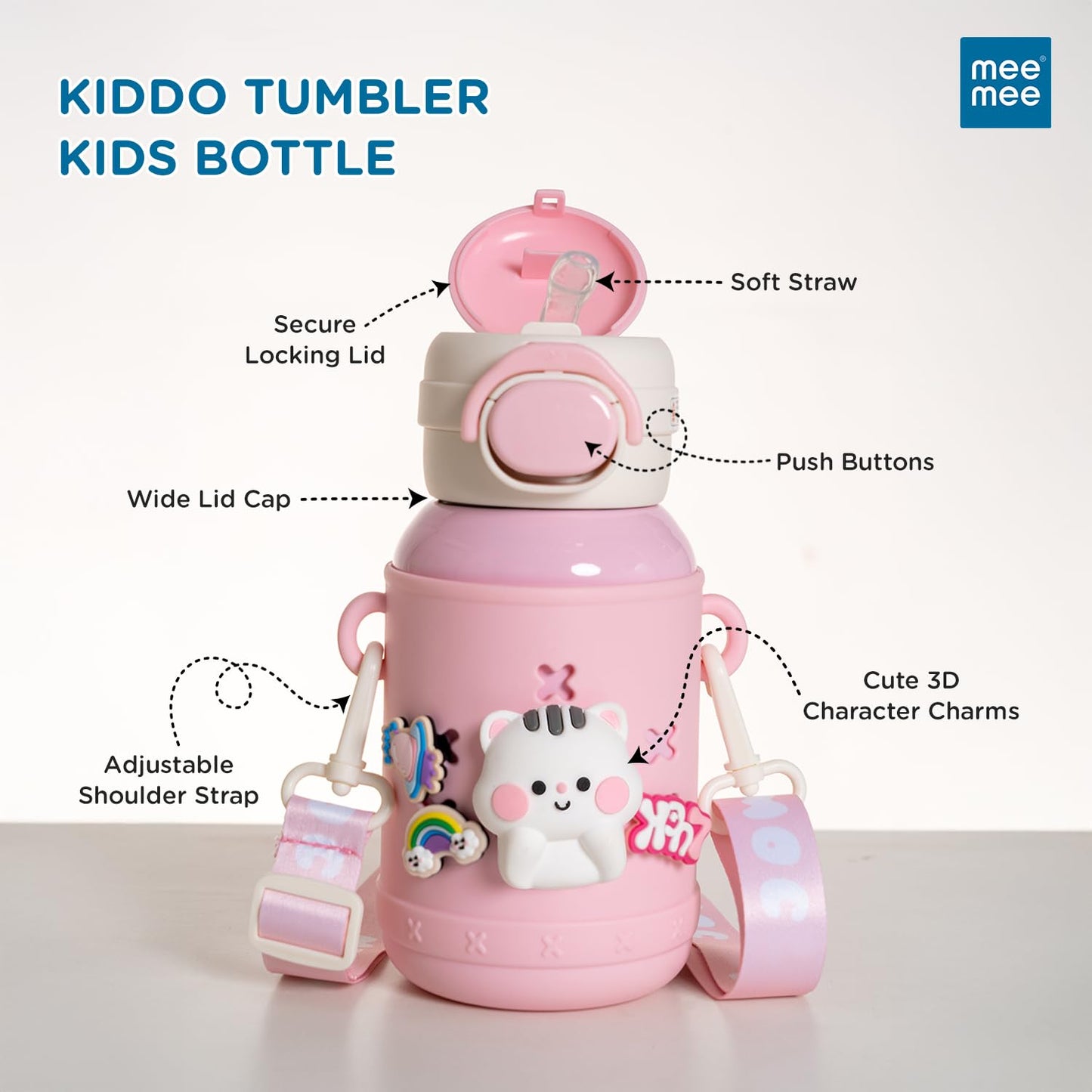 Labelled parts of the Mee Mee Kiddo kids bottle including lid, straw and strap