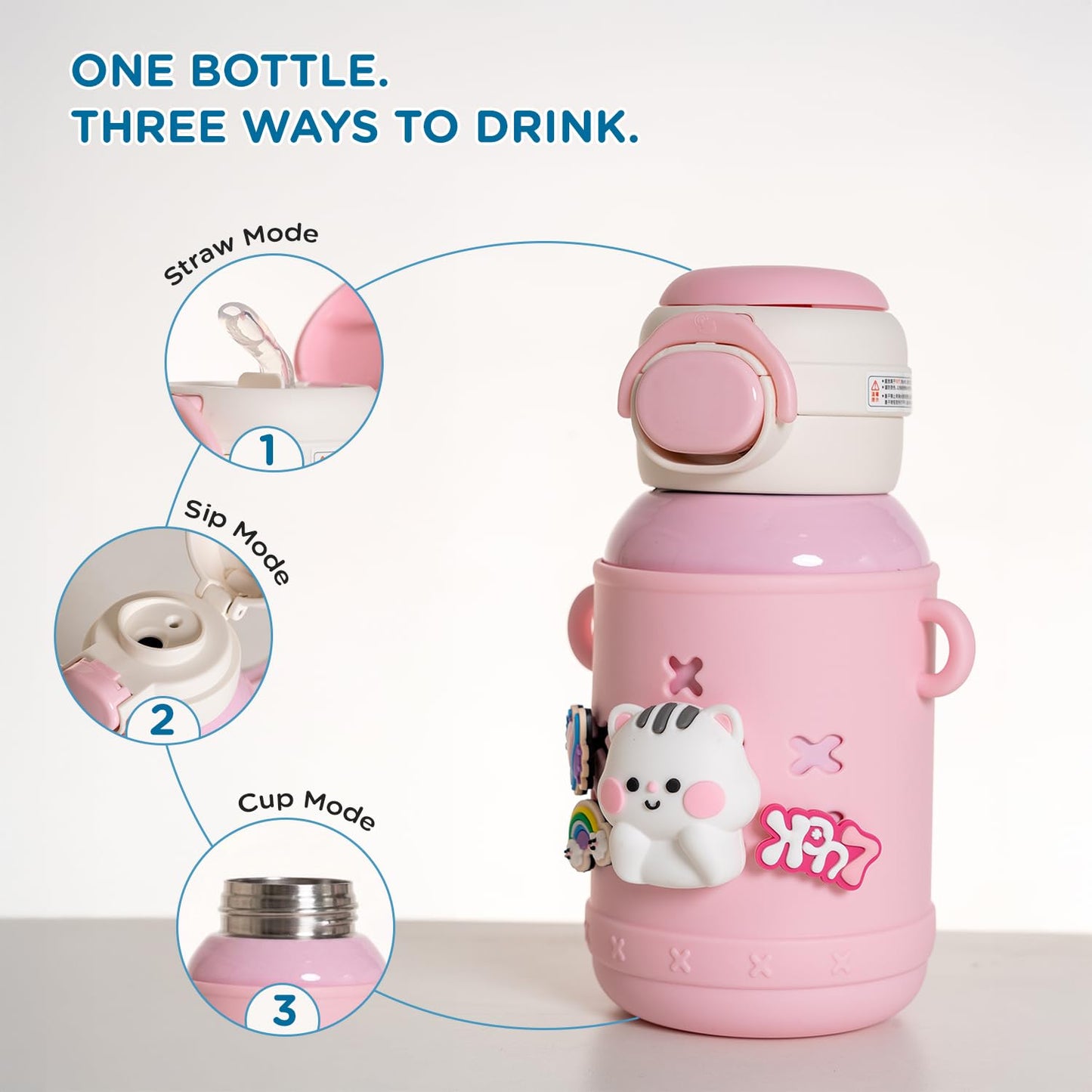 One Mee Mee Kiddo bottle with three ways to drink