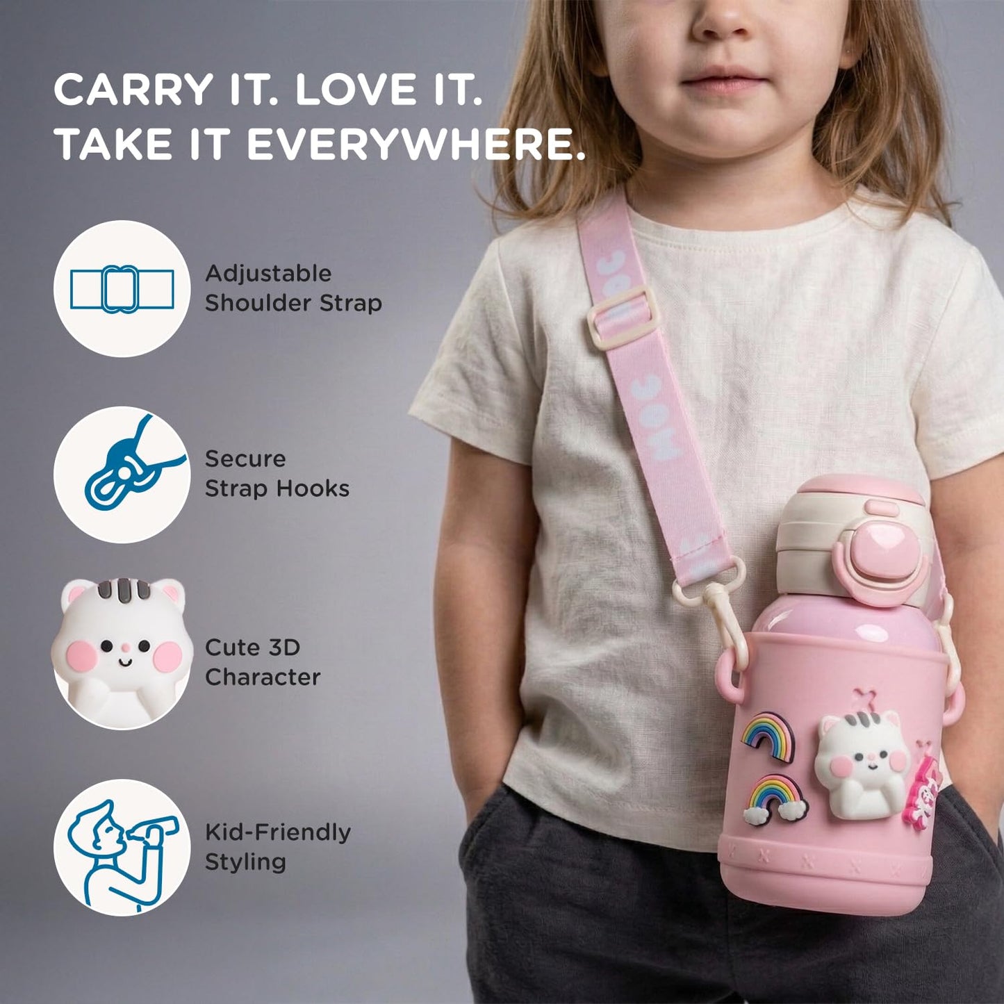 Girl carrying the pink Mee Mee Kiddo insulated tumbler over her shoulder