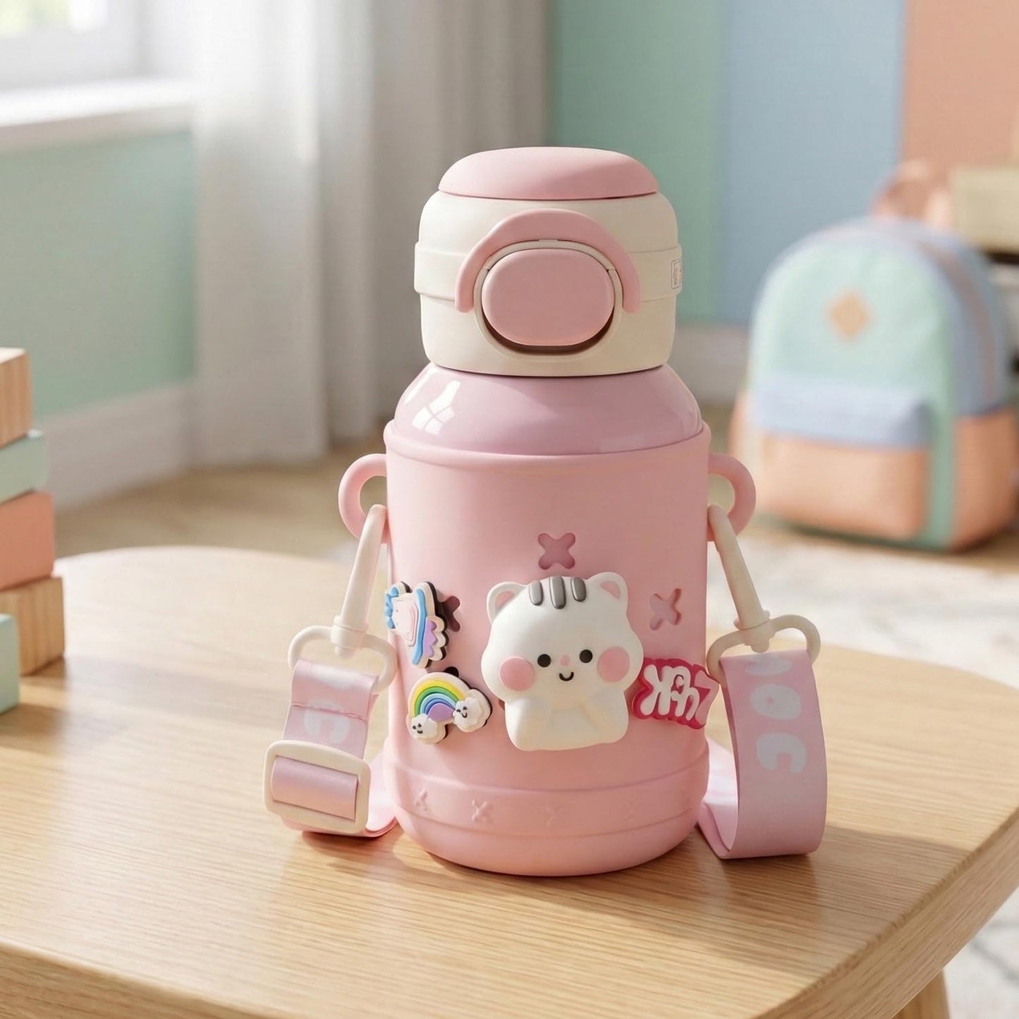 Pink Mee Mee Kiddo insulated toddler tumbler 550 ml with carry strap