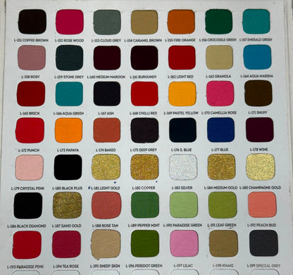 Lyra shade card 1 of 3 - shades L-01 to L-80. Contact PARIDHAN on WhatsApp to order any shade.