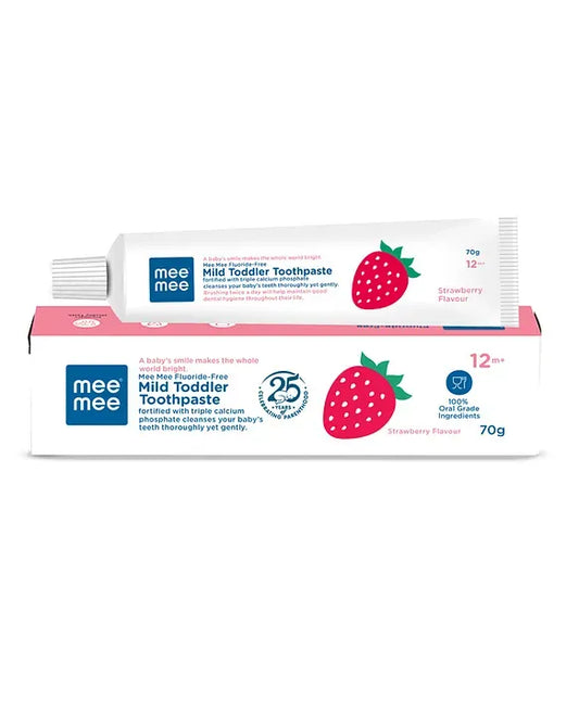 Mee Mee fluoride-free toddler toothpaste in strawberry and orange flavours with cartons