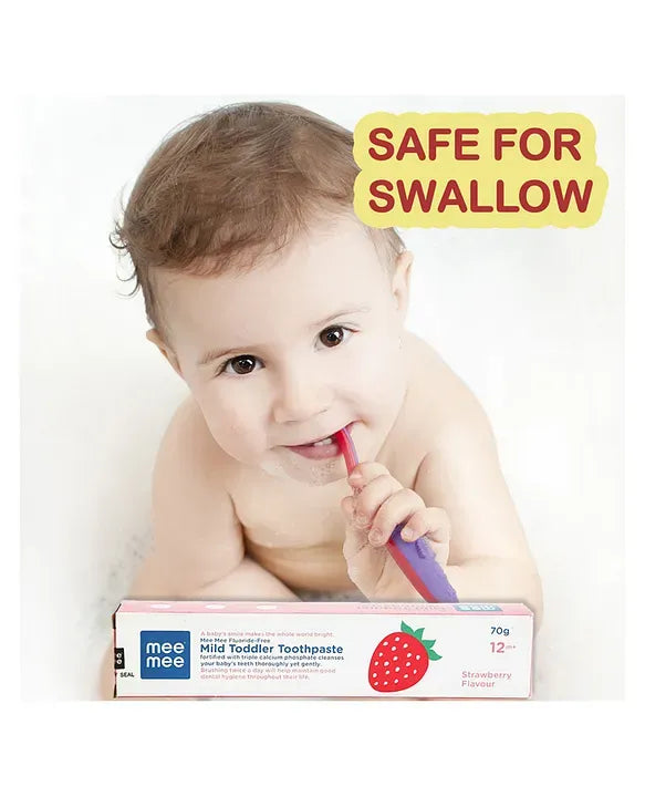 Toddler brushing with Mee Mee toothpaste, which is safe to swallow