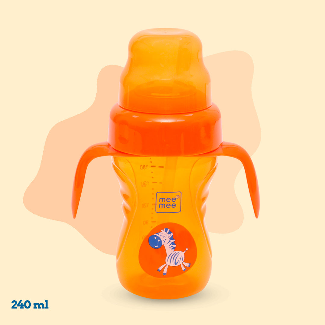Mee Mee 2-in-1 spout and straw sipper cup in orange with twin grip handles, 240 ml