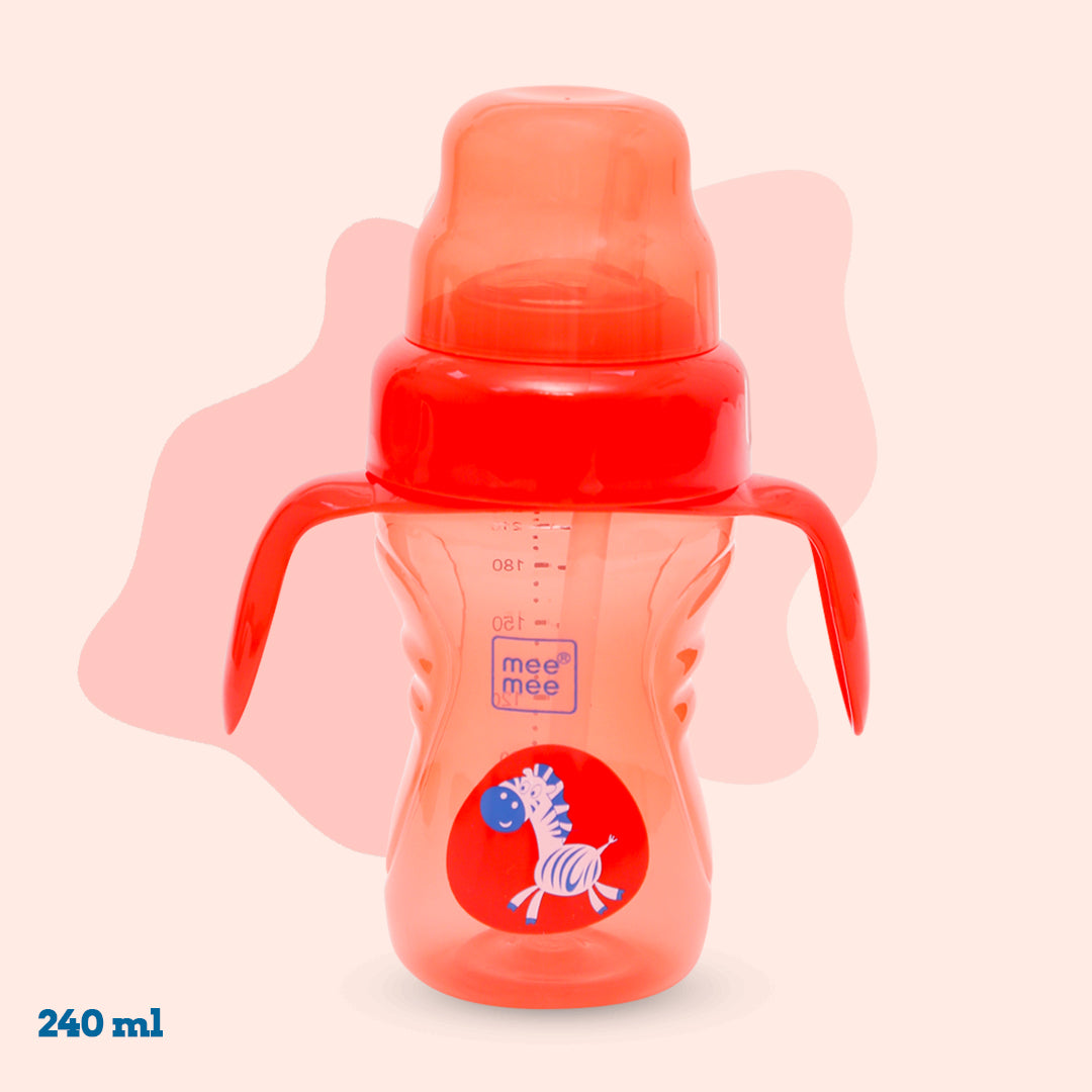 Mee Mee 2-in-1 spout and straw sipper cup in red with twin grip handles, 240 ml