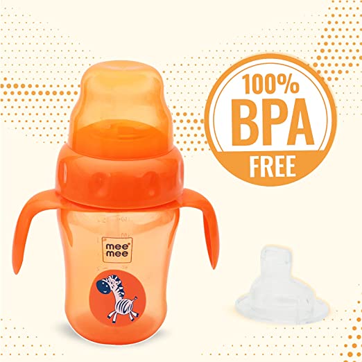 Orange Mee Mee sipper cup shown with a spare spout and a 100 percent BPA free badge