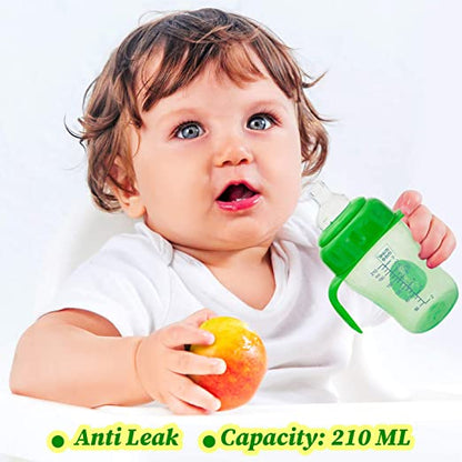 Toddler holding a green Mee Mee sipper cup, marked anti-leak with 210 ml capacity