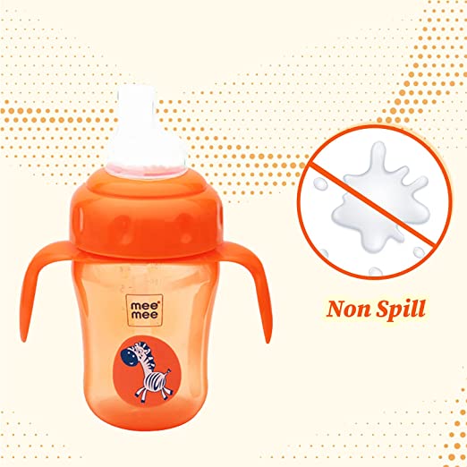 Orange Mee Mee sipper cup with handles removed, highlighting the non-spill design
