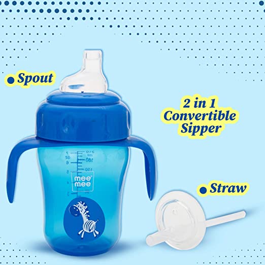 Blue Mee Mee convertible sipper cup showing the interchangeable spout and straw parts