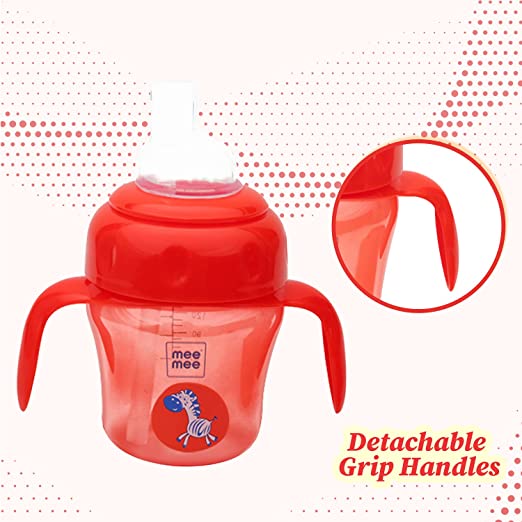 Red Mee Mee sipper cup with one grip handle detached, showing the removable handles