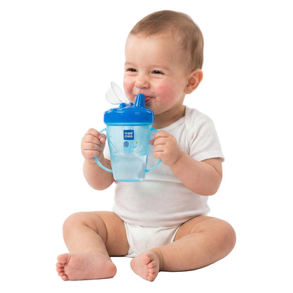 Baby drinking from a blue Mee Mee easy-grip twin-handle sipper cup