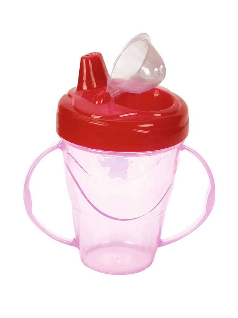 Pink Mee Mee sipper cup with the spout cap fitted