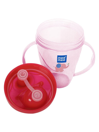 Top view of the pink Mee Mee sipper cup showing the red screw lid