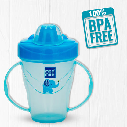 Blue Mee Mee twin-handle sipper cup marked 100 percent BPA free