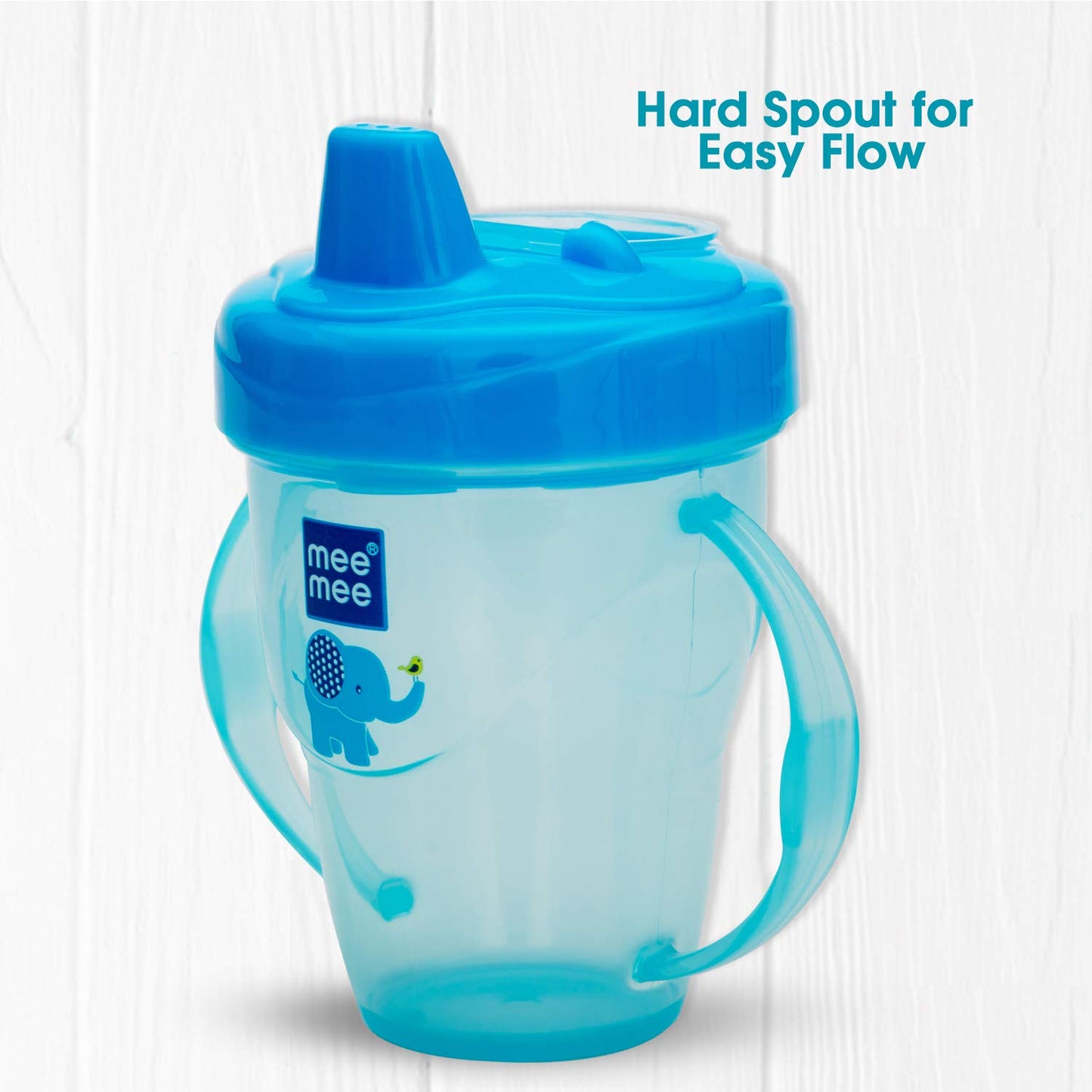 Blue Mee Mee sipper cup with a hard spout for easy flow