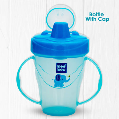 Blue Mee Mee twin-handle sipper cup shown with its protective spout cap
