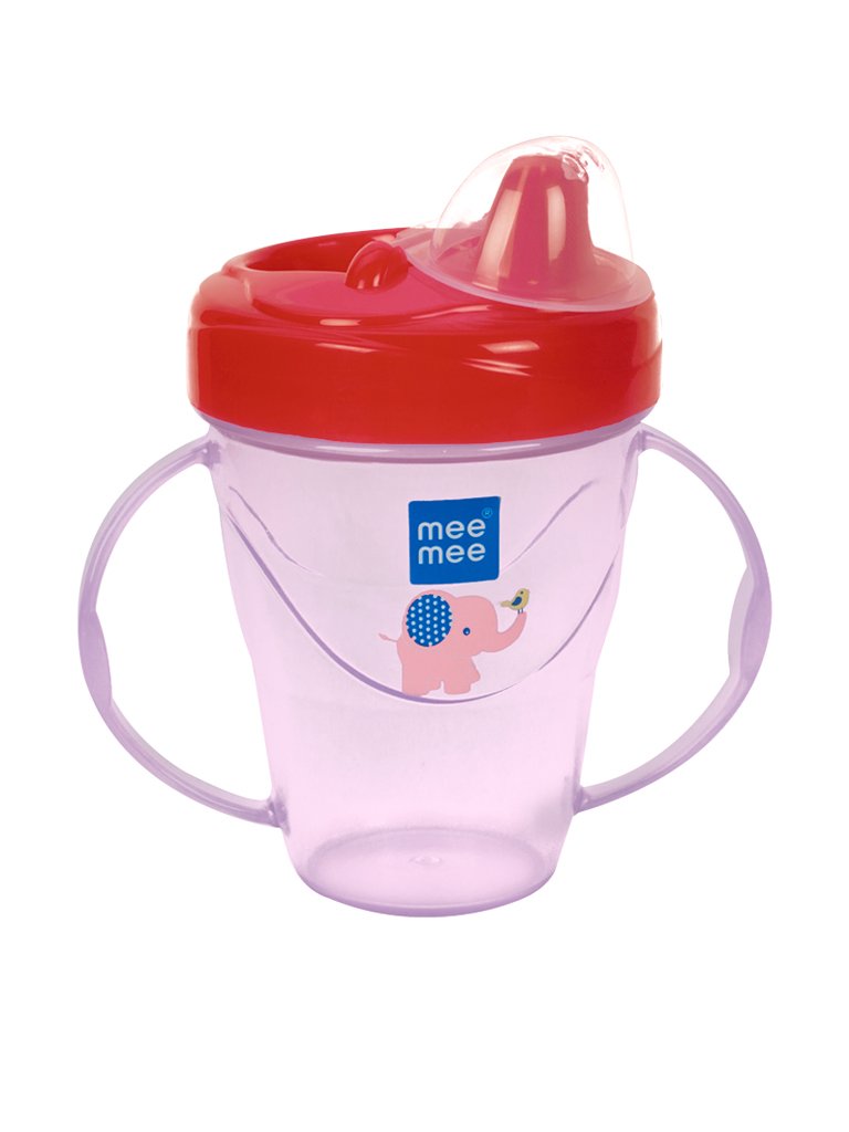 Pink Mee Mee twin-handle sipper cup with red spout and lid