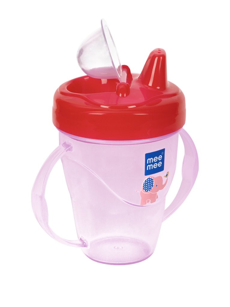 Front view of the pink Mee Mee easy-grip twin-handle sipper cup