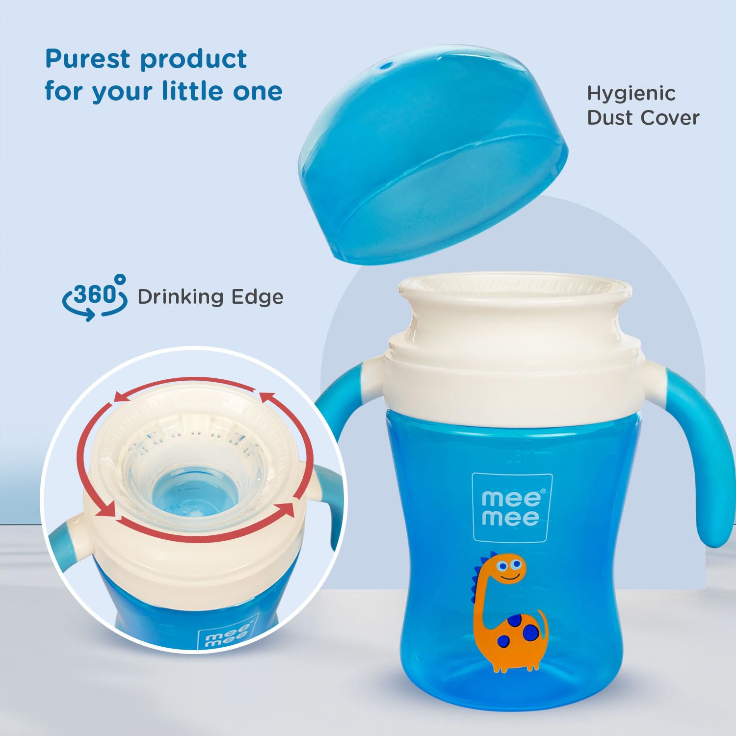 Blue Mee Mee trainer cup with hygienic spill-proof drinking edge