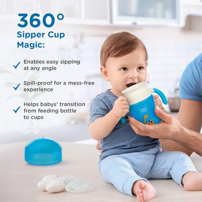 Baby using the blue Mee Mee 360 degree trainer cup with its lid removed