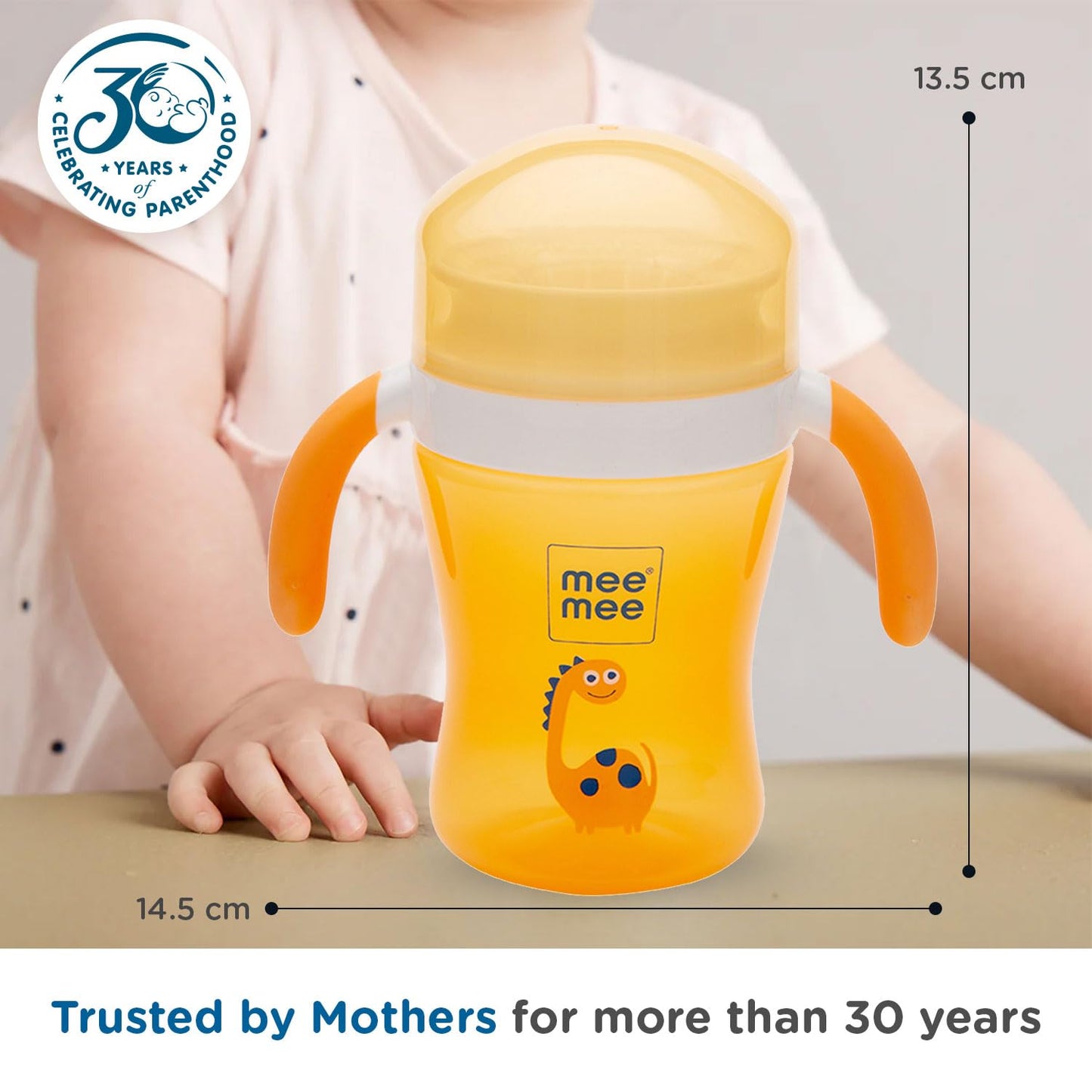 Mee Mee orange trainer sippy cup, trusted by mothers for more than 30 years
