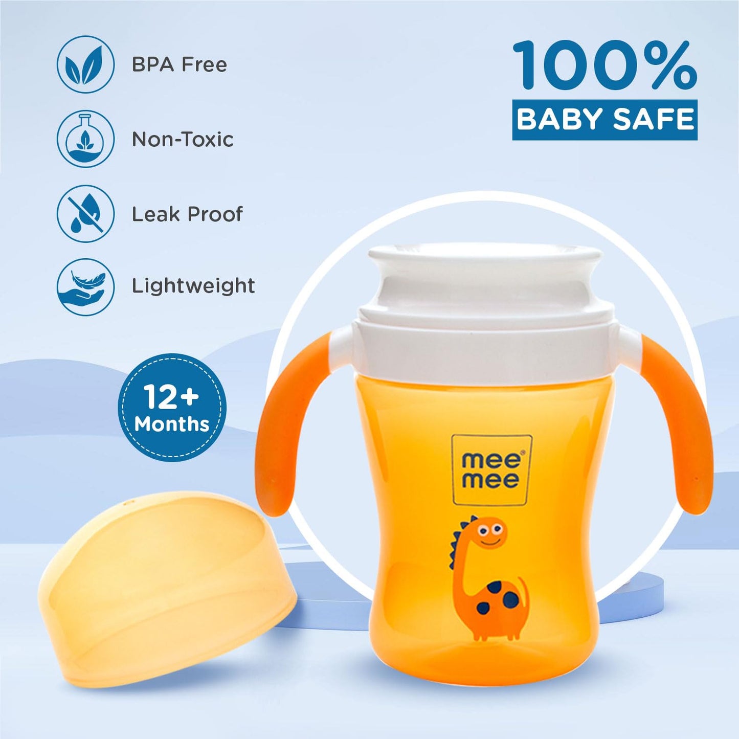 Mee Mee orange trainer cup is 100 percent baby safe, BPA free and leak proof