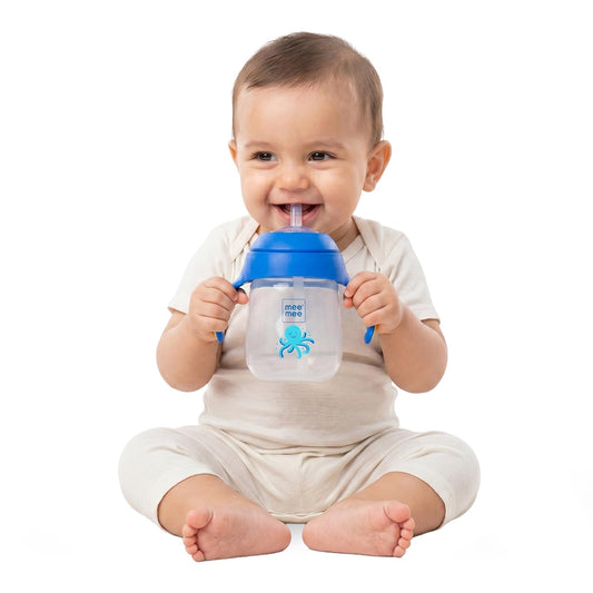 Baby drinking from a blue Mee Mee octopus twin-handle straw sipper cup