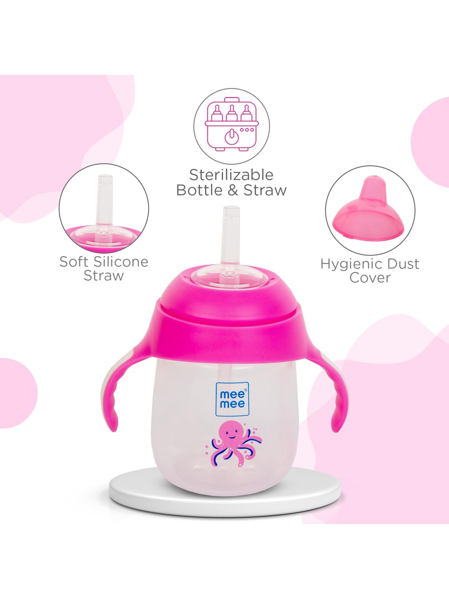 Pink Mee Mee octopus straw sipper cup with anti-leak features