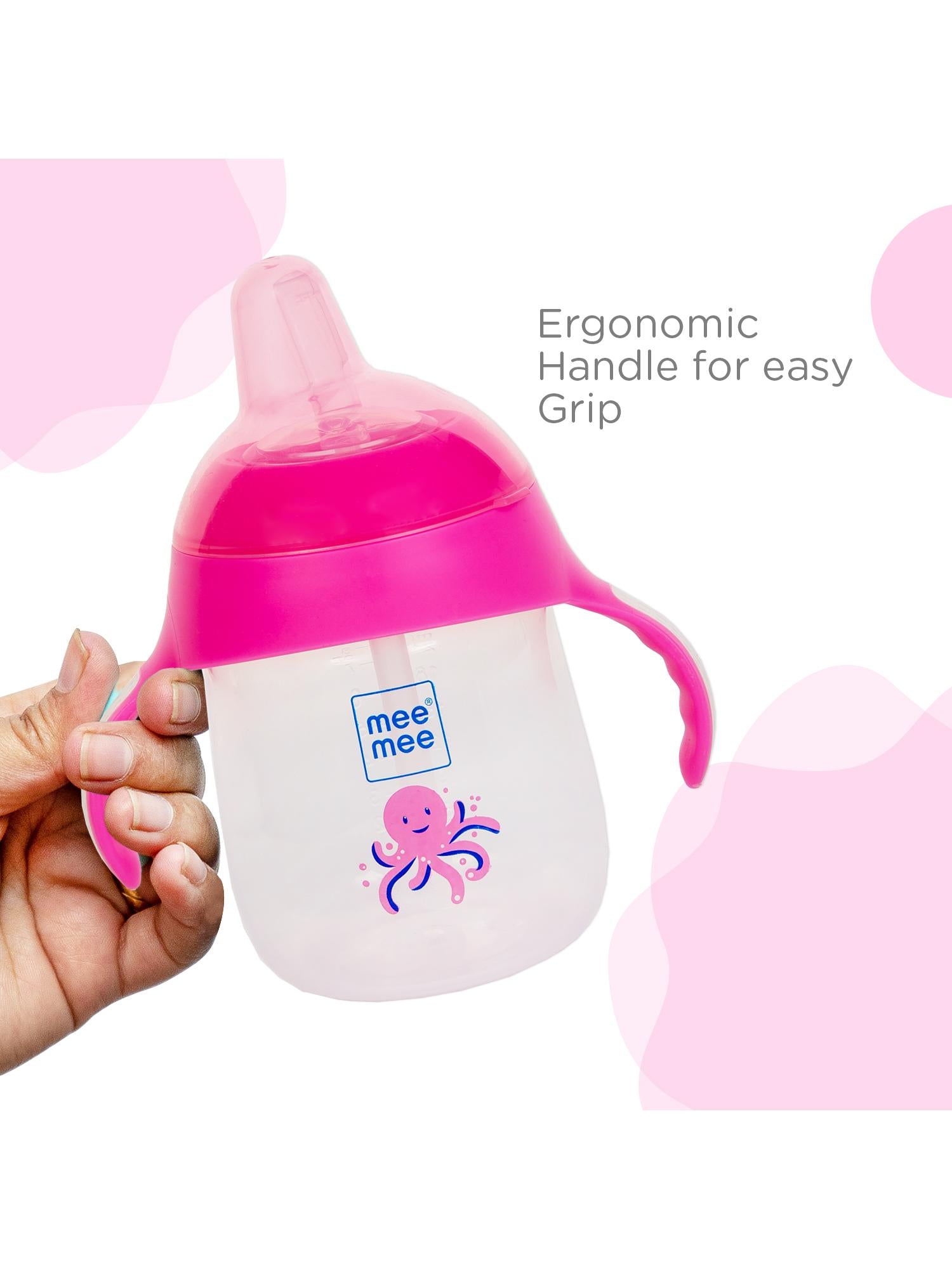 Pink Mee Mee octopus cup with ergonomic handles for small hands