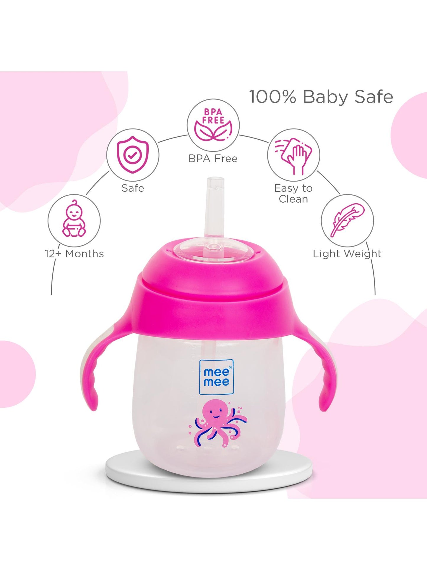Pink Mee Mee octopus sipper cup shown with its silicone straw and safety icons