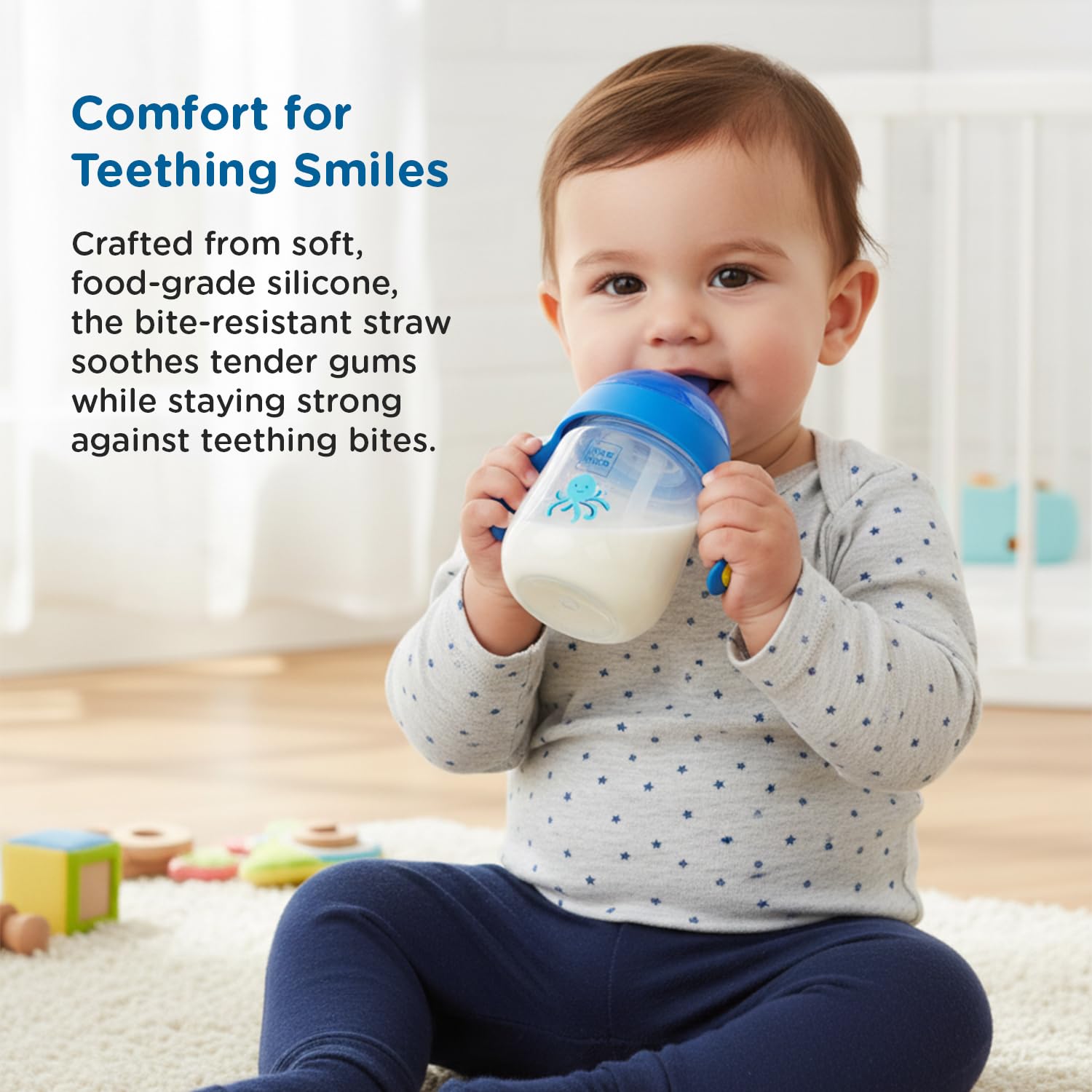 Toddler drinking from a Mee Mee octopus cup, comfortable on teething gums