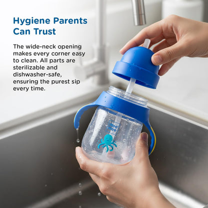 Mee Mee octopus sipper cup being rinsed under a tap, easy to clean
