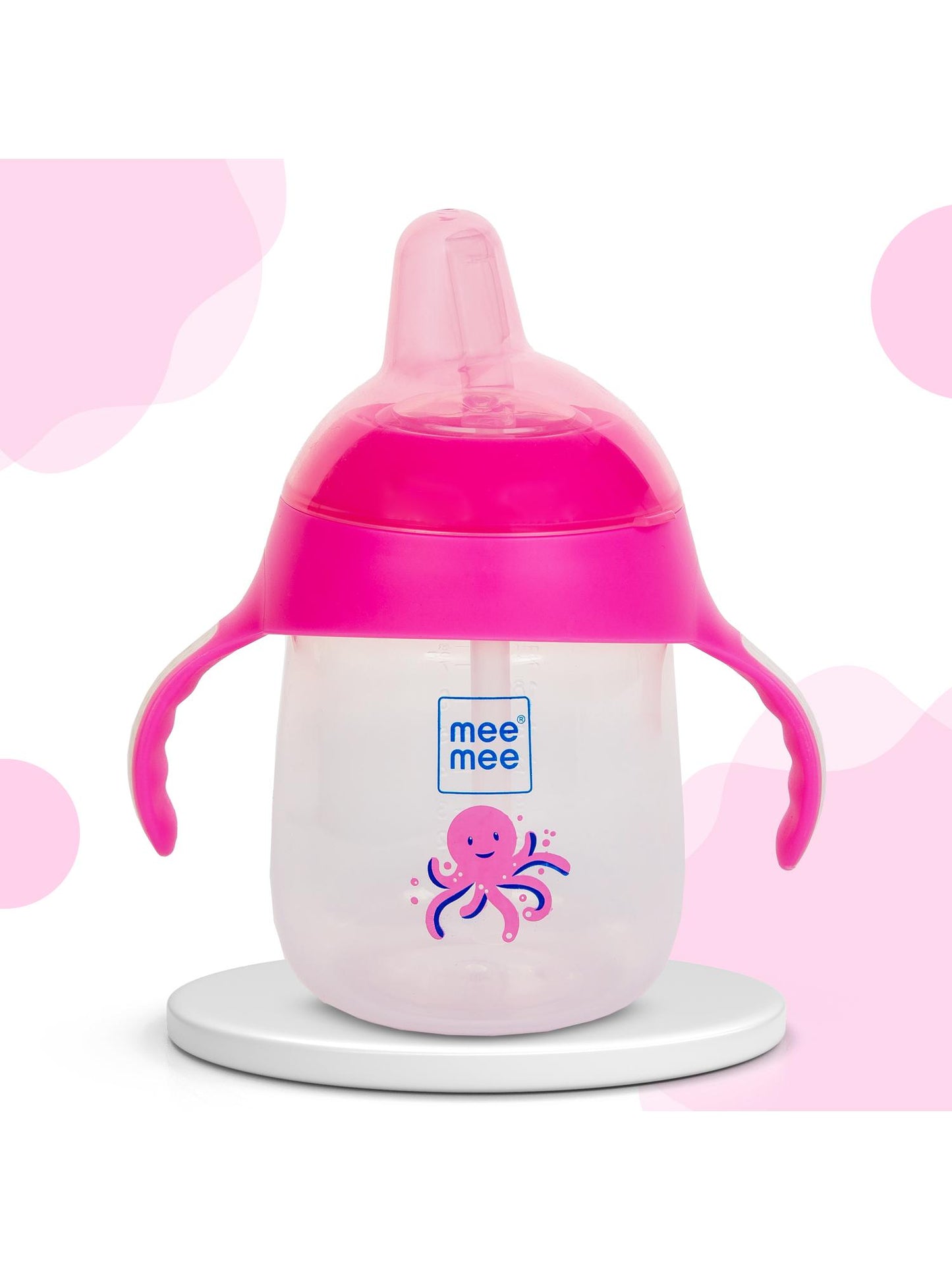 Front view of the pink Mee Mee octopus twin-handle straw sipper cup