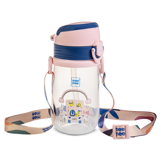 Mee Mee easy-grip sipper cup 380 ml in pink and navy with a shoulder strap
