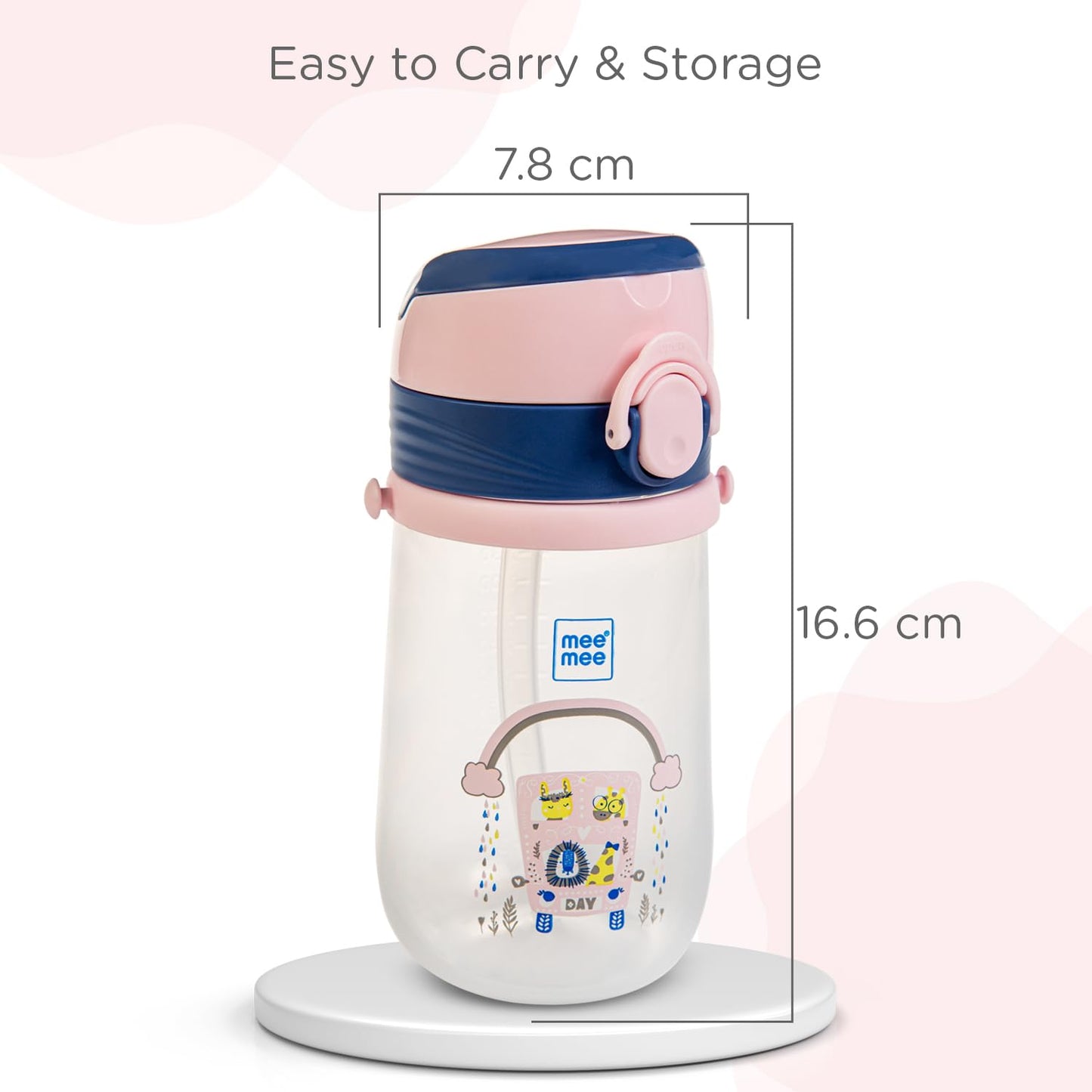 Mee Mee easy-grip sipper cup dimensions, 7.8 cm wide and 16.6 cm tall