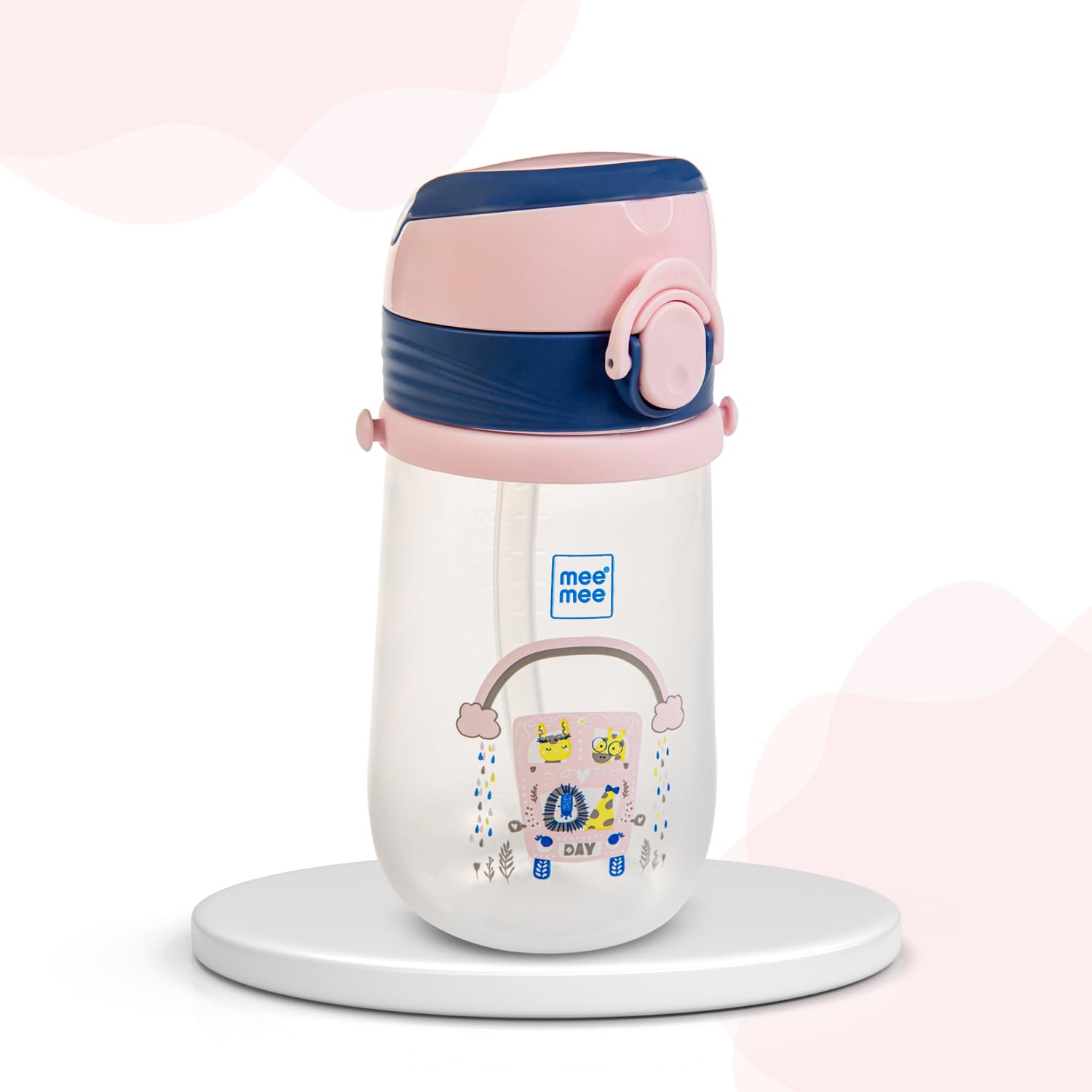 Front view of the Mee Mee 380 ml easy-grip sipper cup with printed design