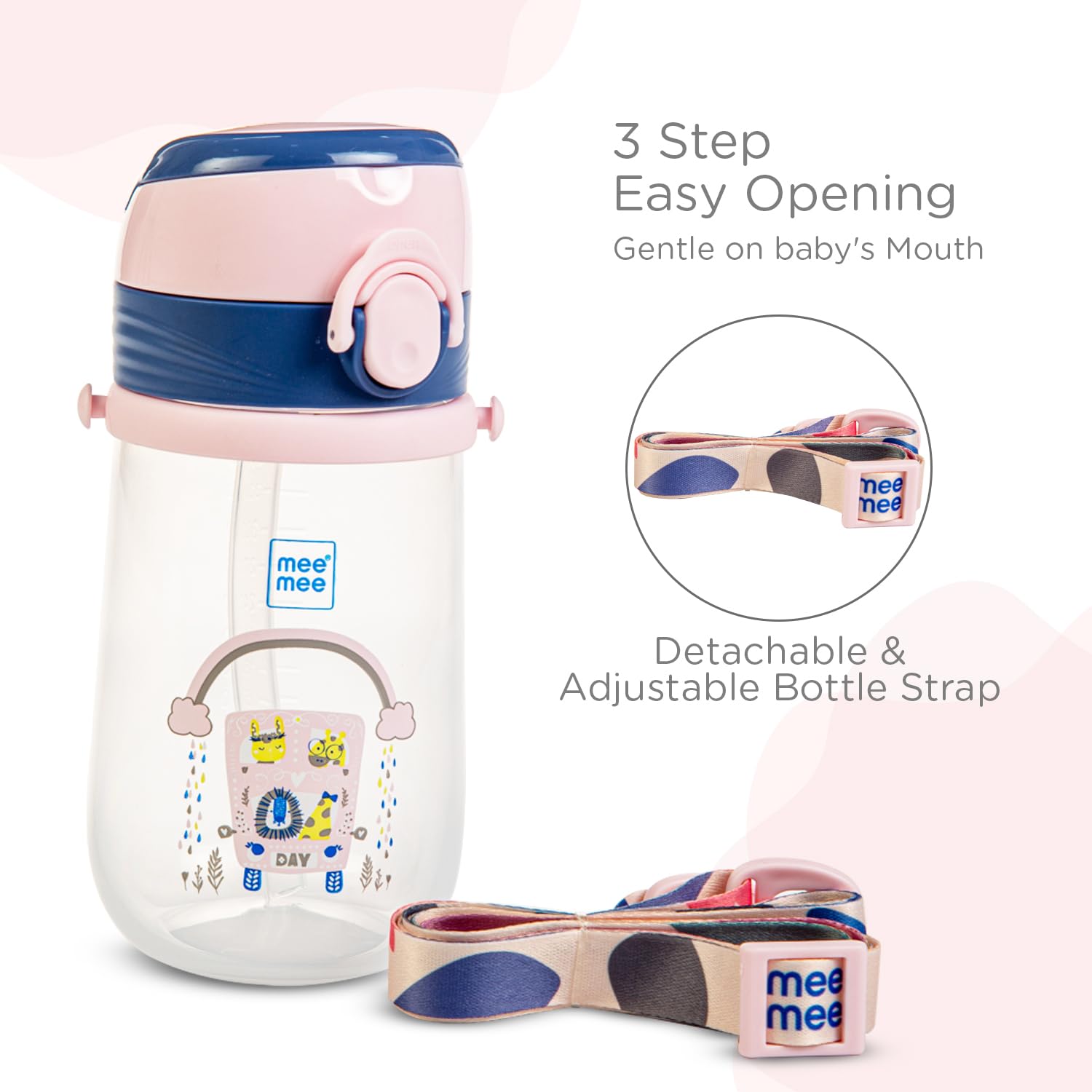 Three-step easy opening on the Mee Mee easy-grip sipper cup