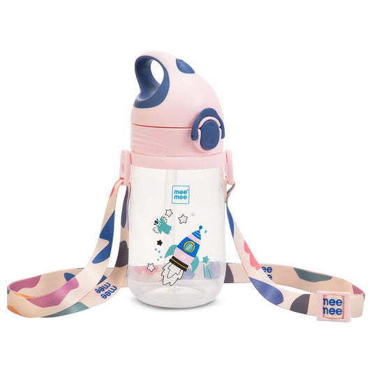 Mee Mee pink straw sipper cup 380 ml with printed body and detachable shoulder strap
