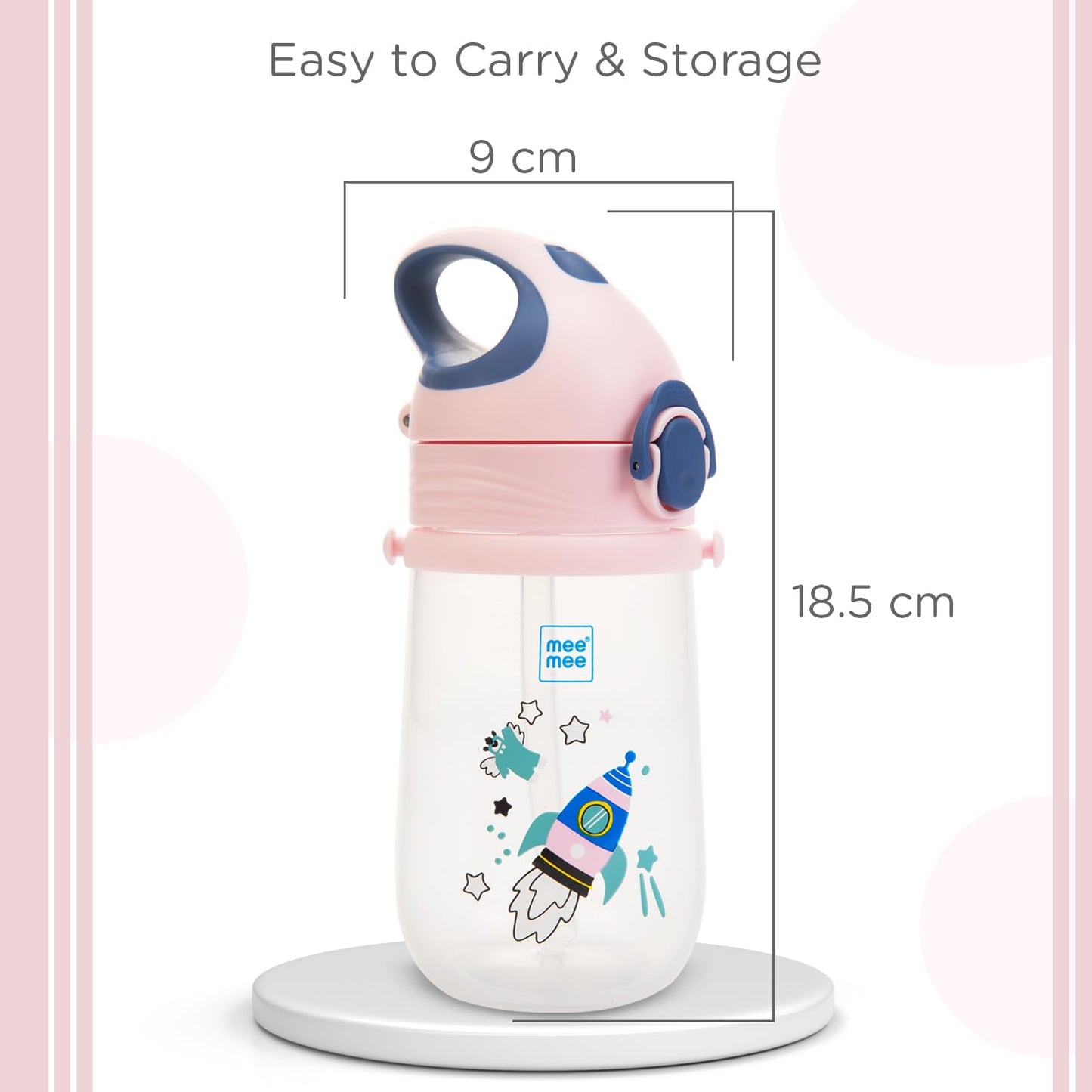 Mee Mee pink sipper cup dimensions, 8 cm wide and 16.5 cm tall, easy to carry and store