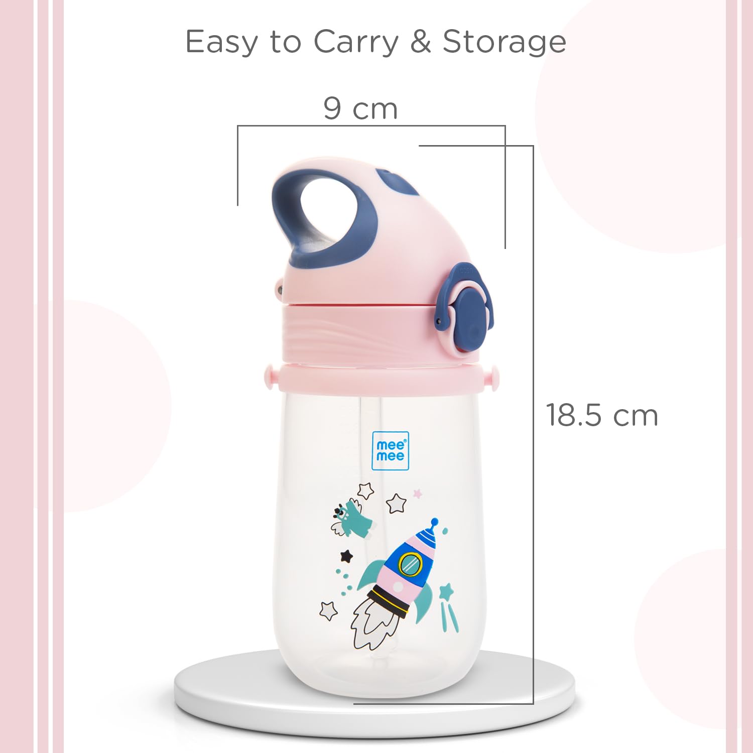Mee Mee pink sipper cup dimensions, 8 cm wide and 16.5 cm tall, easy to carry and store