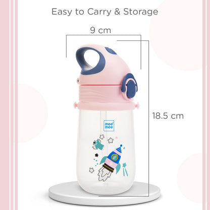 Mee Mee pink sipper cup dimensions, 8 cm wide and 16.5 cm tall, easy to carry and store