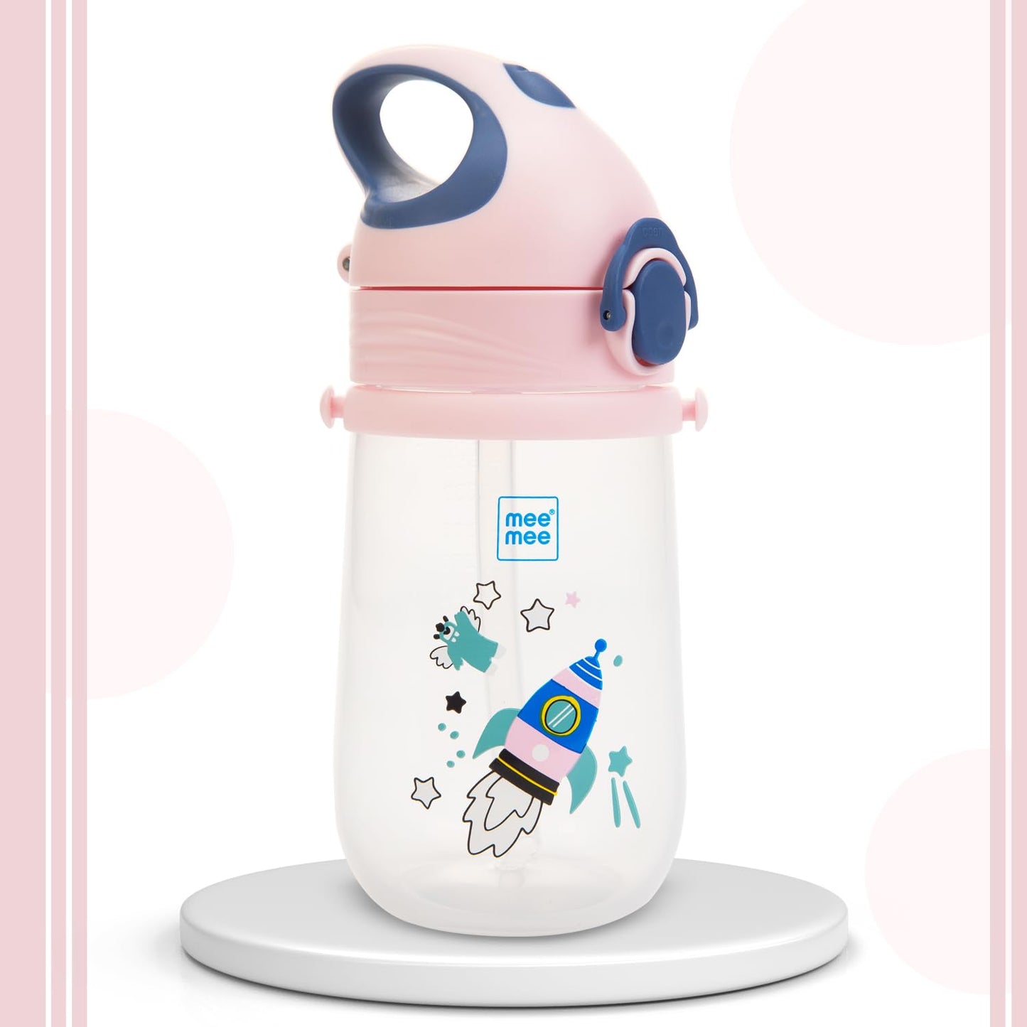 Front view of the Mee Mee pink 380 ml straw sipper cup with flip-top lid