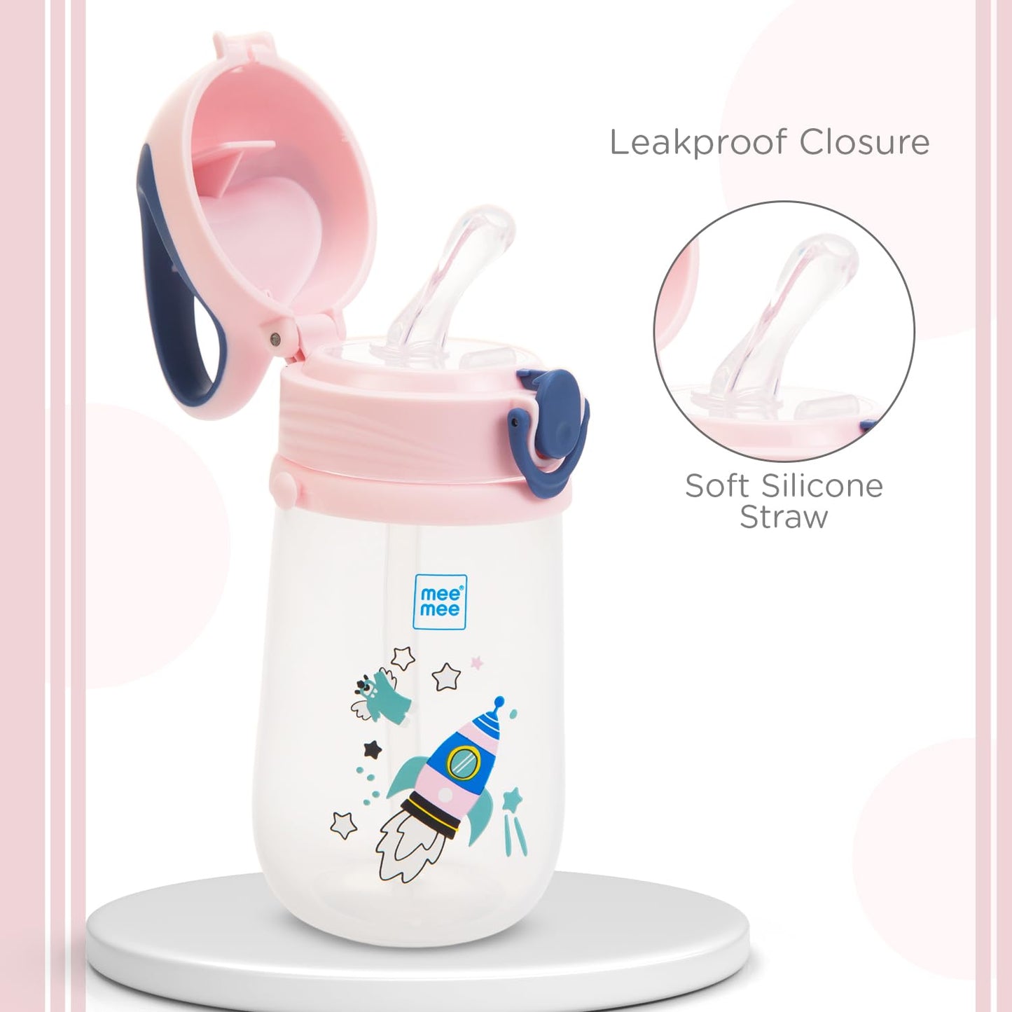 Mee Mee pink sipper cup leakproof closure with a soft silicone straw