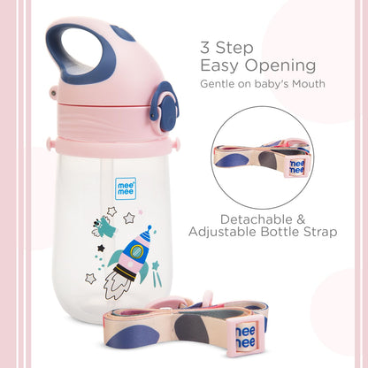Three-step easy opening on the Mee Mee pink straw sipper cup