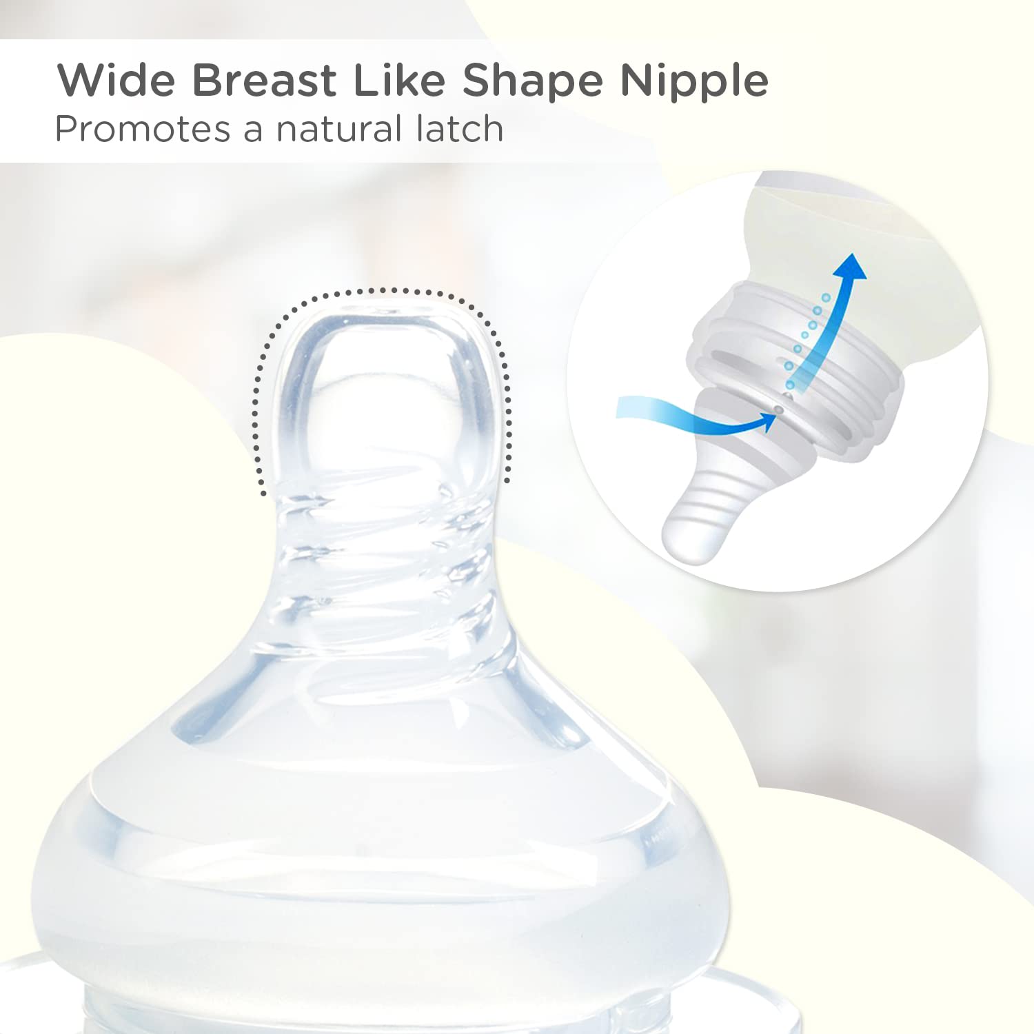 Wide breast-like nipple on the Mee Mee glass bottle promotes a natural latch