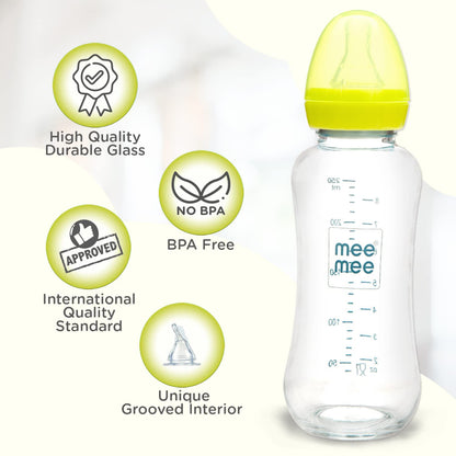 Mee Mee borosilicate glass bottle is BPA free and made of high quality glass